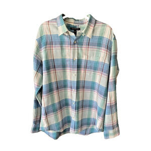 Banana Republic Shirt Mens XL Green Blue Plaid Linen Long Sleeve Office Preppy